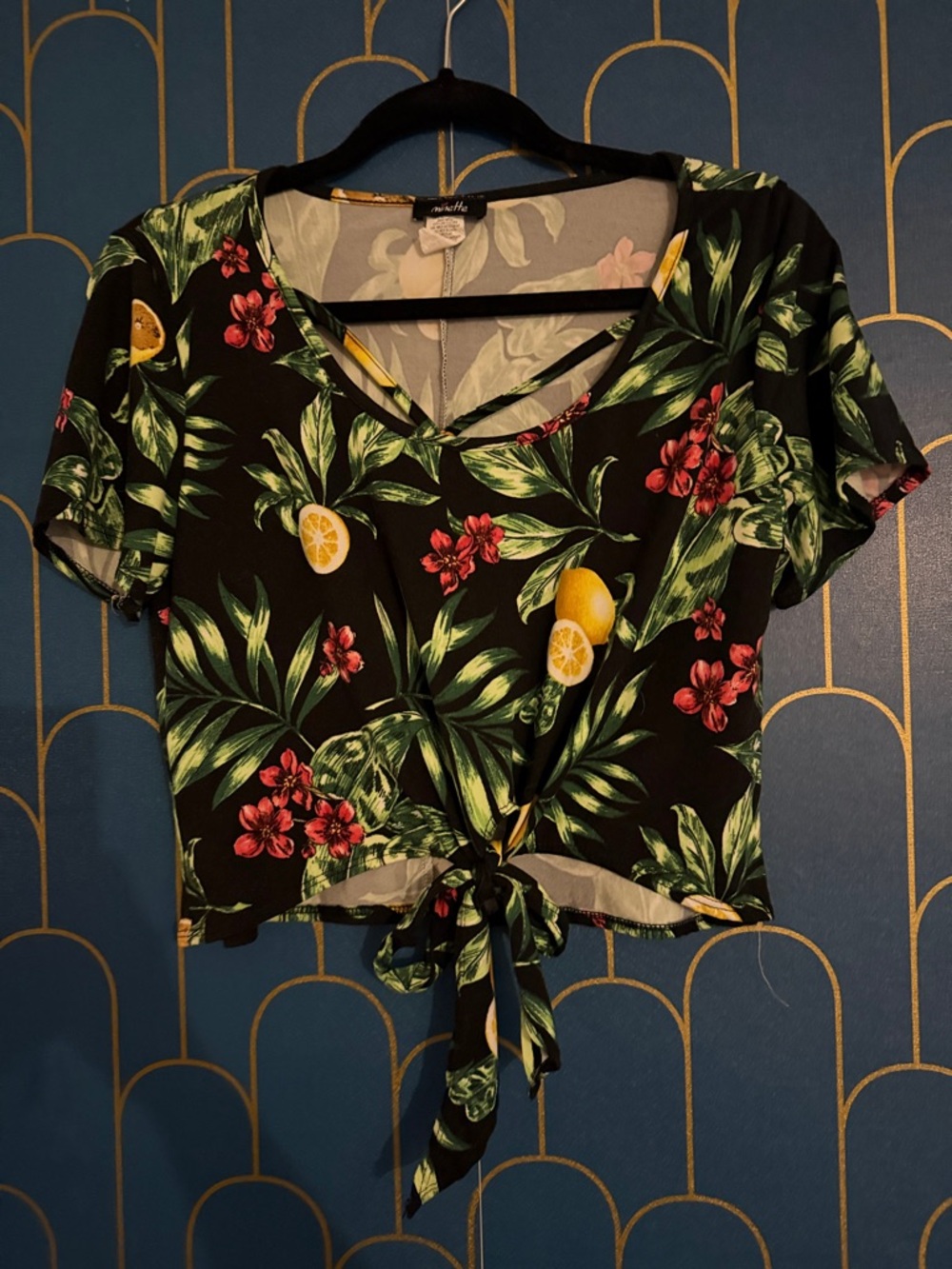 Tie-Front Tropical Crop Top in Black with Green & Yellow Print